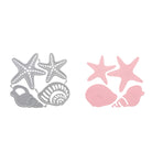 Zwei Sets "Stanzschablone Zwei Muscheln und zwei Seesterne" von Stanzenshop.de: Metall-Stanzschablonen links, passende pinke Papiermotive rechts - perfekt zum Basteln von Meeresdeko.