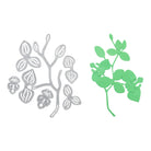 Eine silberne "Stanzschablone Orchidee mit mehreren Blüten" von Stanzenshop.de wird neben ihrem grünen Papierausschnitt ausgestellt, beide mit dem gleichen Blütenzweig - ideal für Scrapbooking oder Kartengestaltung.