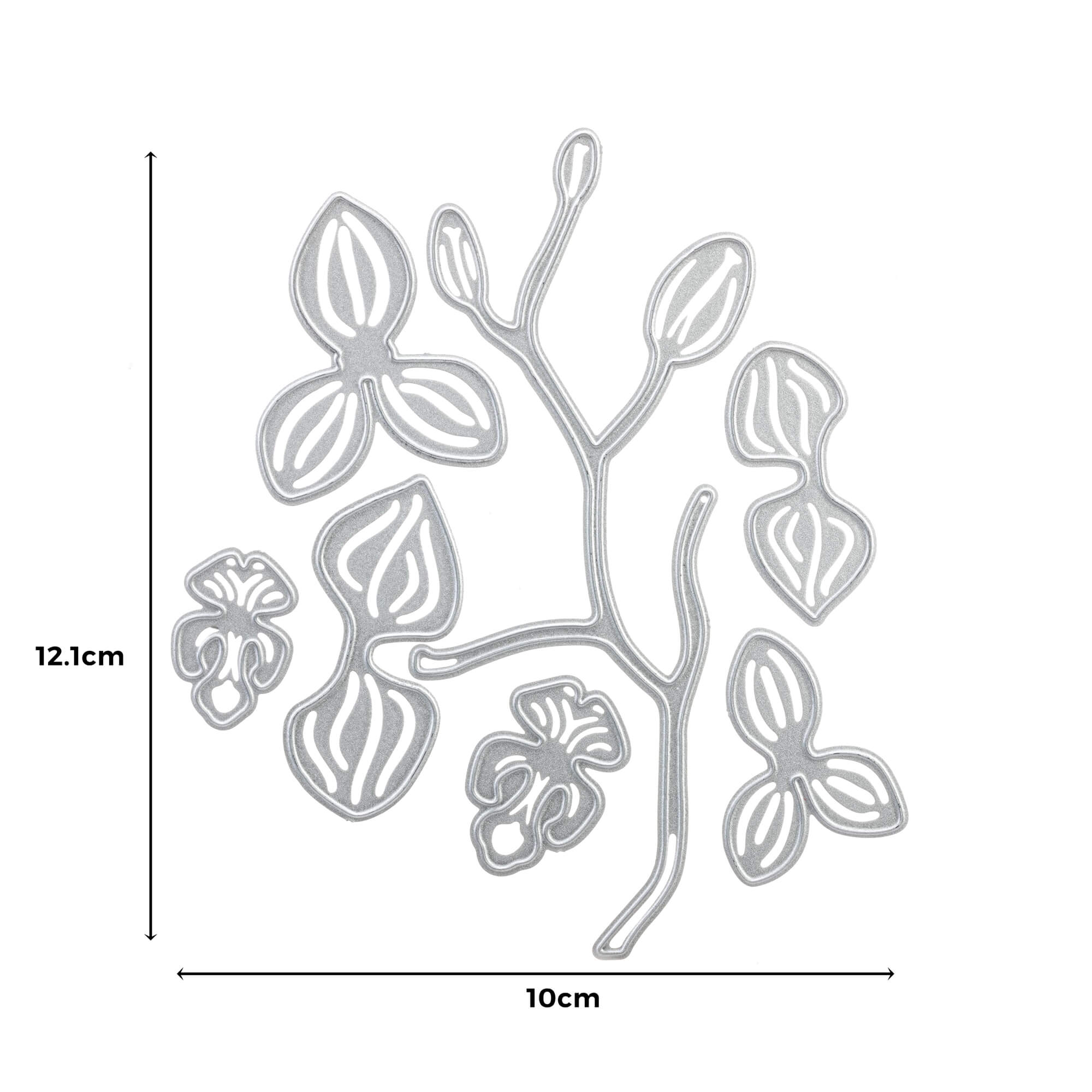Die Stanzschablone Orchidee mit mehreren Blüten von Stanzenshop.de ist eine silberne Metallstanze in Orchideenblüten- und Blattform, ideal zum Basteln und Scrapbooking, mit den Maßen 12,1 cm hoch und 10 cm breit.