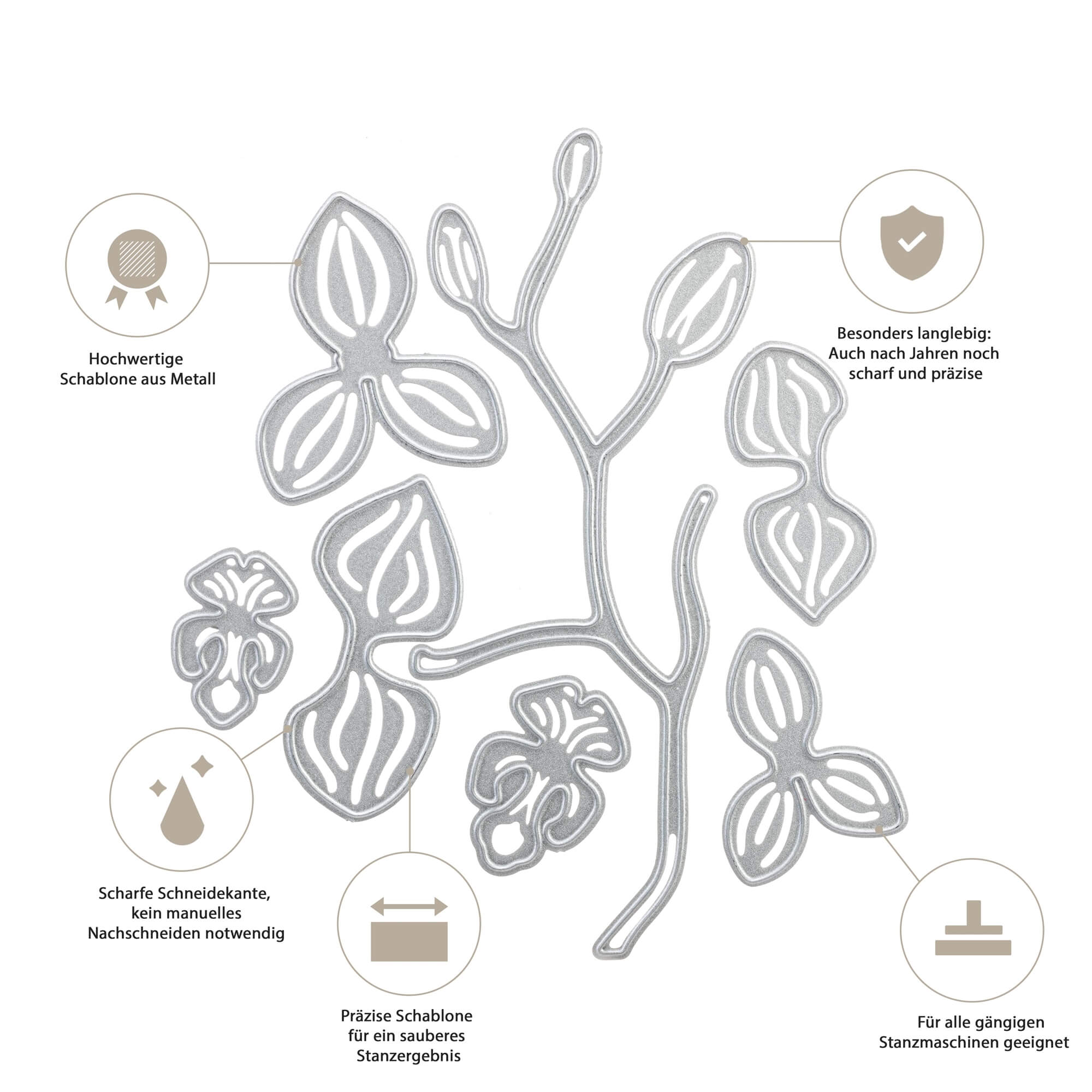 Silberne Stanzschablone "Orchidee mit mehreren Blüten" von Stanzenshop.de - ideal zum Scrapbooking oder Basteln, dargestellt mit Icons und deutscher Info zum Produkt "Stanzschablone Orchidee".