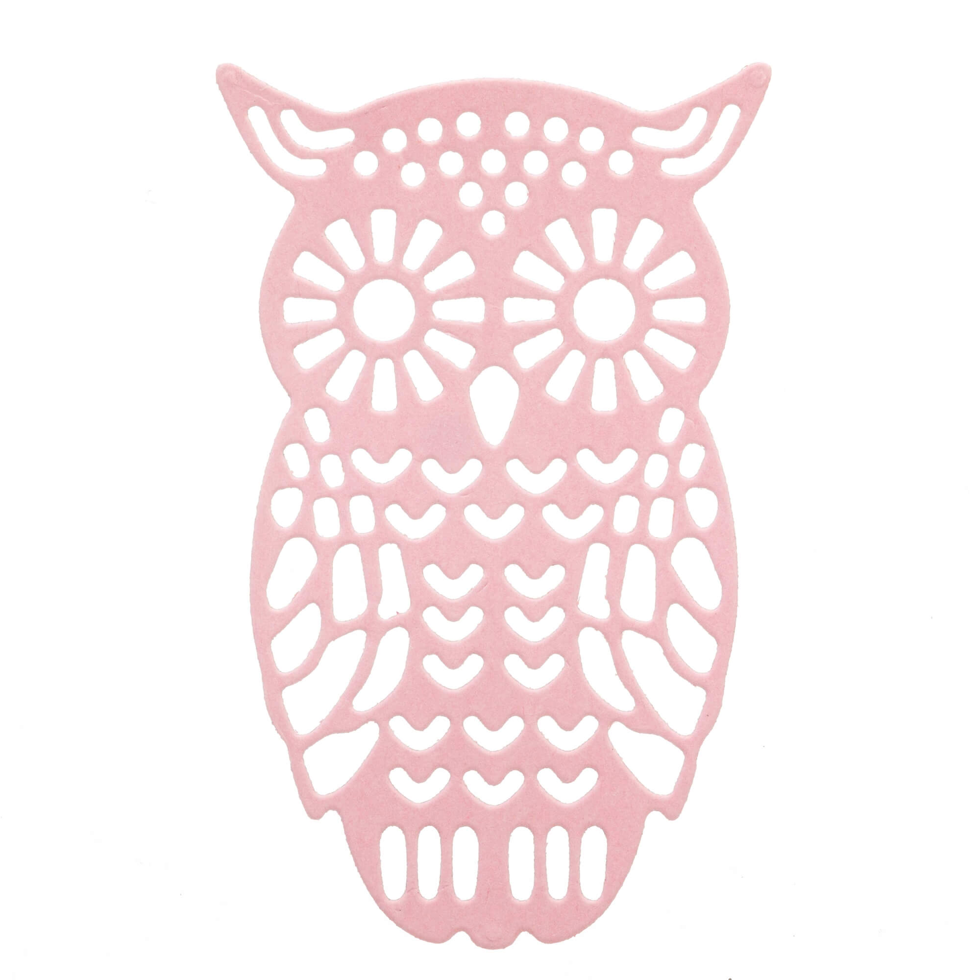 Die "Stanzschablone: Eule mit abstehenden Ohren" von Stanzenshop.de ist perfekt zum Basteln oder Scrapbooking geeignet. Sie zeigt ein flaches Eulenmotiv mit ausgeschnittenen Details, die Augen, Flügel und Körper hervorheben.