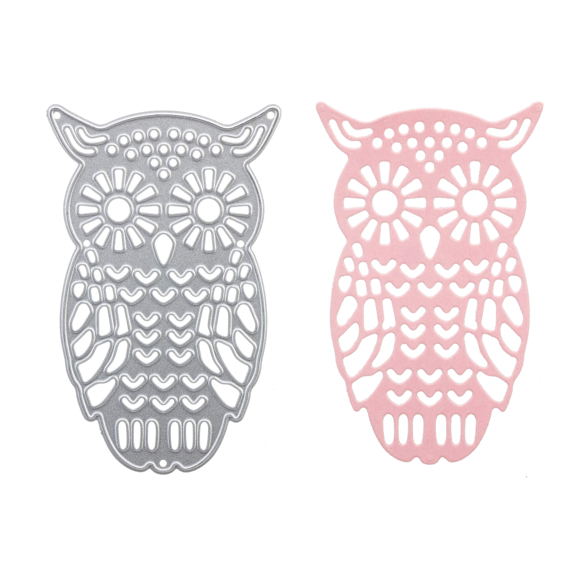 Die Stanzschablone: Eule mit abstehenden Ohren von Stanzenshop.de enthält zwei eulenförmige Stanzformen mit Herz- und Kreismustern in Silbermetallic und Pastellrosa - ideal für Scrapbooking- oder Bastelprojekte.