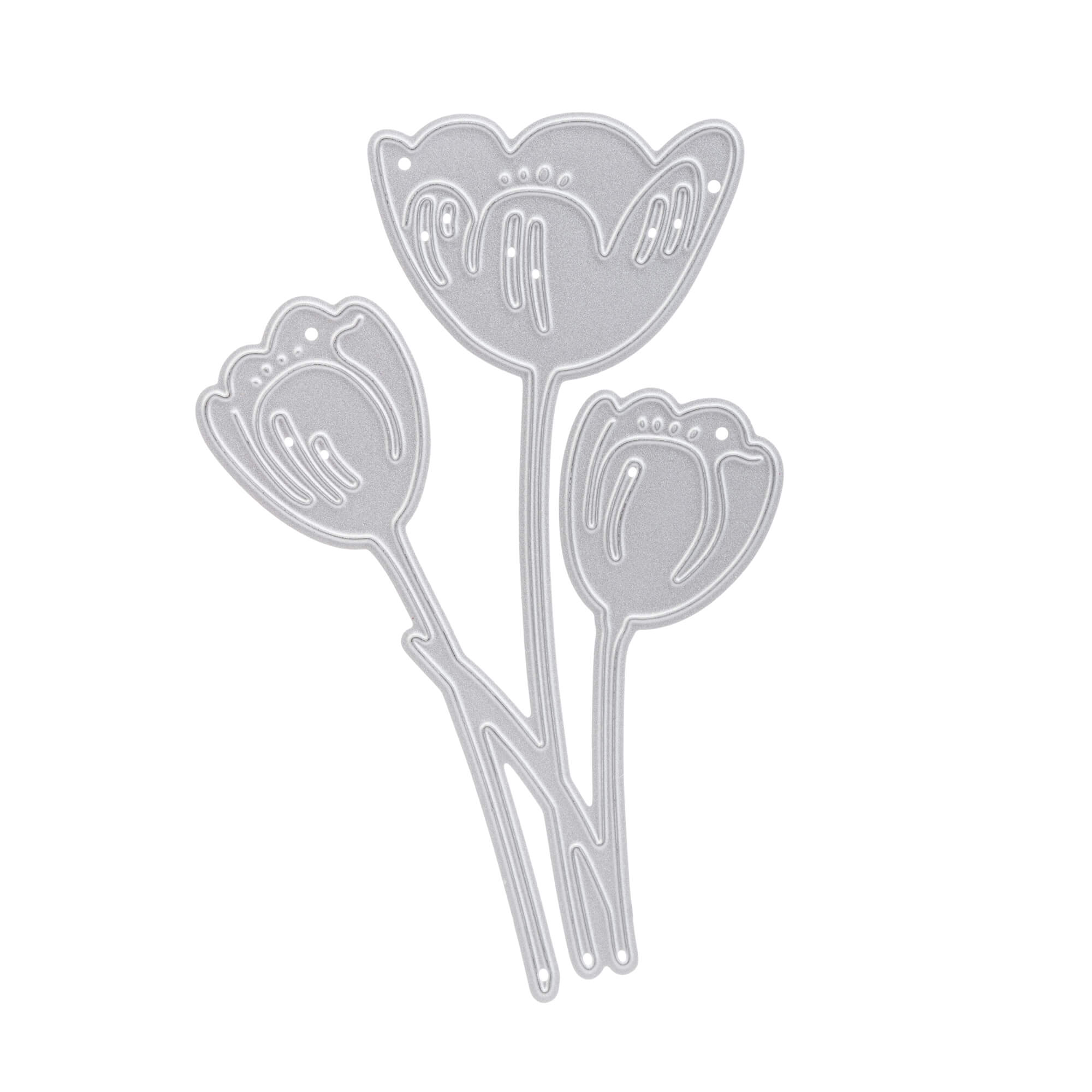 Die Stanzschablone Drei Tulpen von Stanzenshop.de ist eine Metallstanze mit drei stilisierten Blumen mit Stängeln, ideal für Basteln Karten und kreative Projekte.