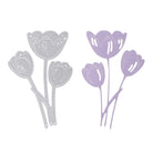 Die Stanzschablone Drei Tulpen von Stanzenshop.de, die wie drei Tulpen geformt ist und sich ideal für Basteln Karten eignet, wird neben einem lila Papierausschnitt gezeigt, der mit dieser Stanzform hergestellt wurde.