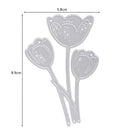 Die Stanzschablone Drei Tulpen von Stanzenshop.de ist eine silberne Stanzform (8,9 x 5,8 cm) mit drei stilisierten Tulpenstielen - ideal für Bastelkarten und kreative Bastelprojekte.
