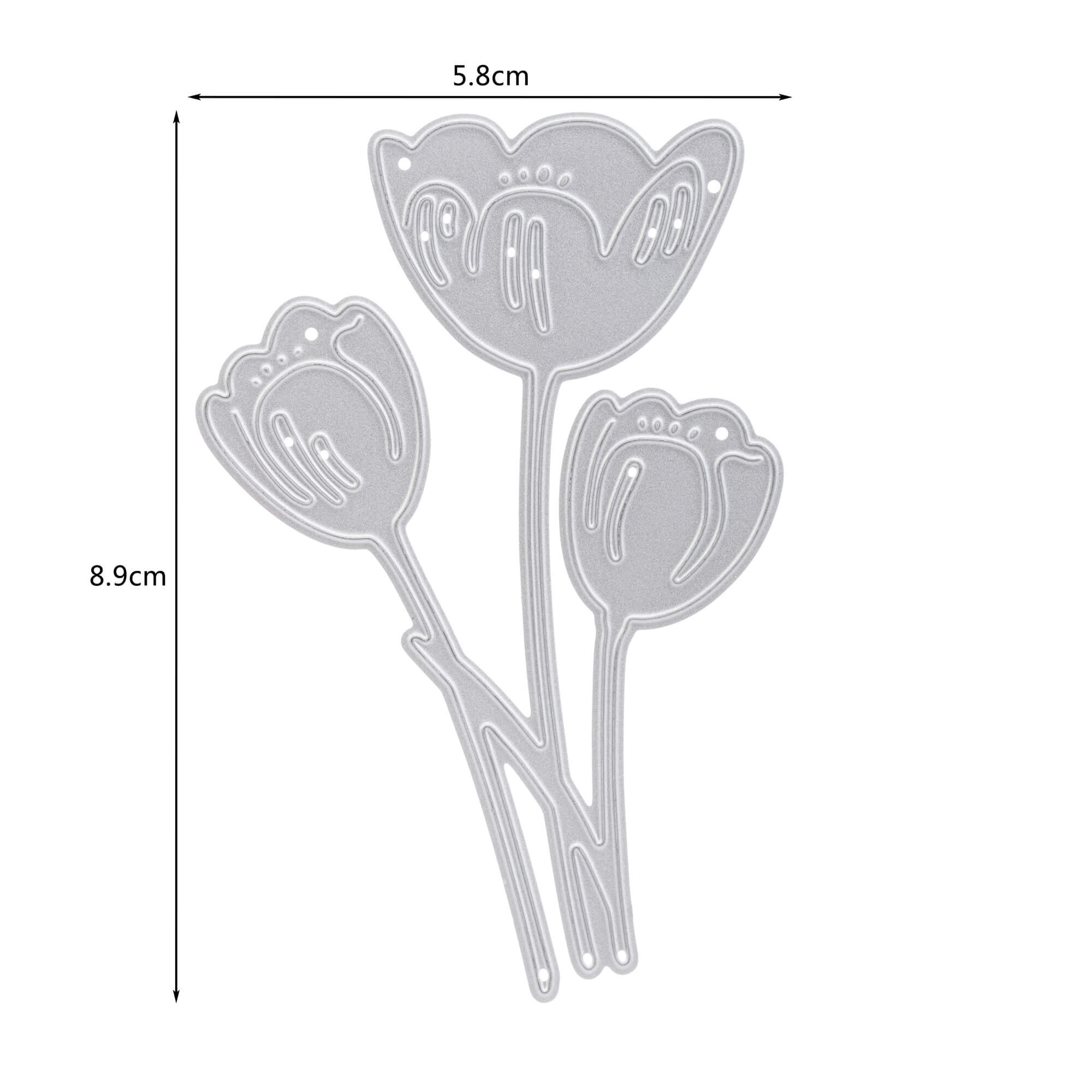 Die Stanzschablone Drei Tulpen von Stanzenshop.de ist eine silberne Stanzform (8,9 x 5,8 cm) mit drei stilisierten Tulpenstielen - ideal für Bastelkarten und kreative Bastelprojekte.