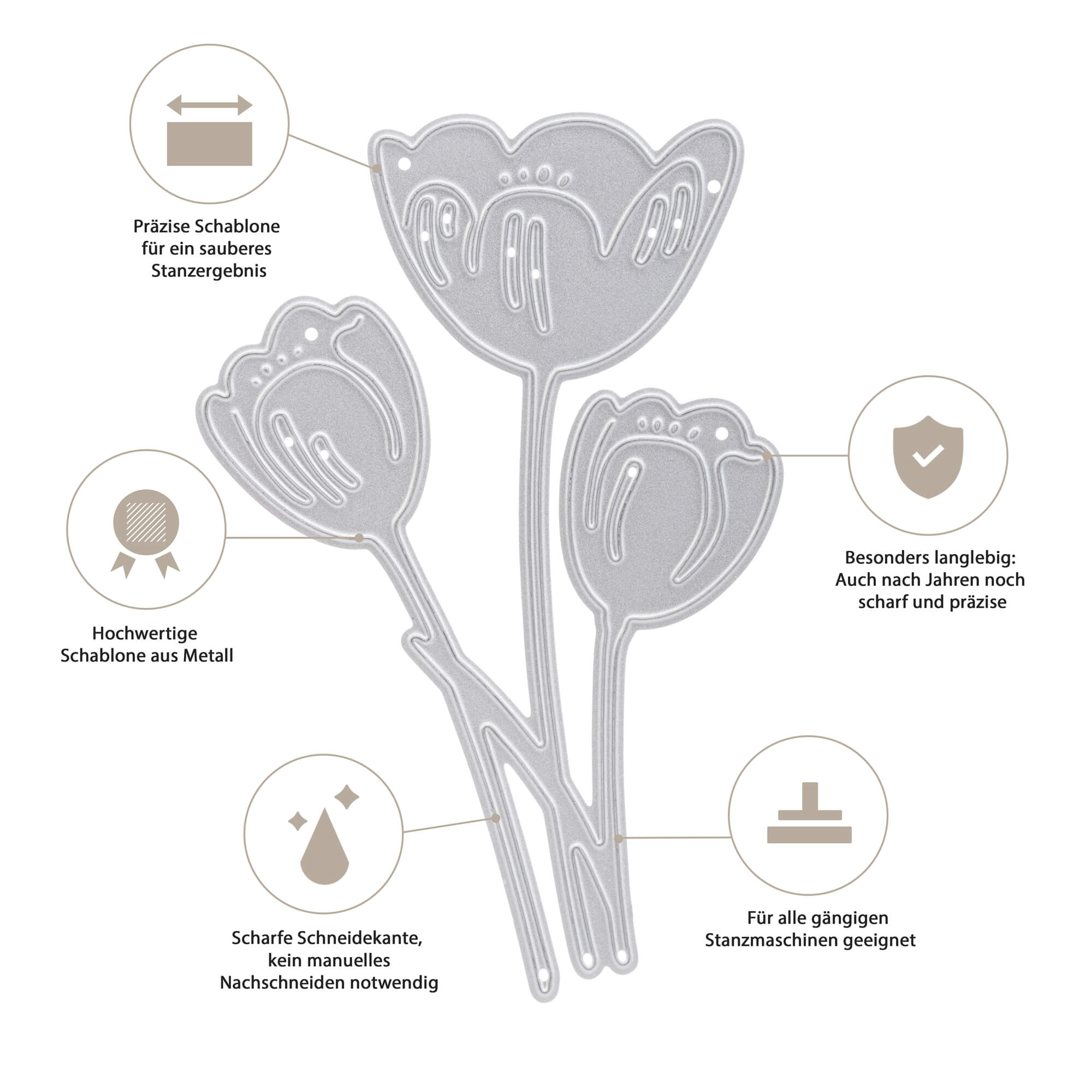 Die Stanzenschablone Drei Tulpen von Stanzenshop.de ist eine metallische, tulpenförmige Stanzform mit scharfen Klingen, hochwertigem Metall, dauerhafter Präzision und ist perfekt für Basteln Karten mit den meisten Stanzmaschinen.
