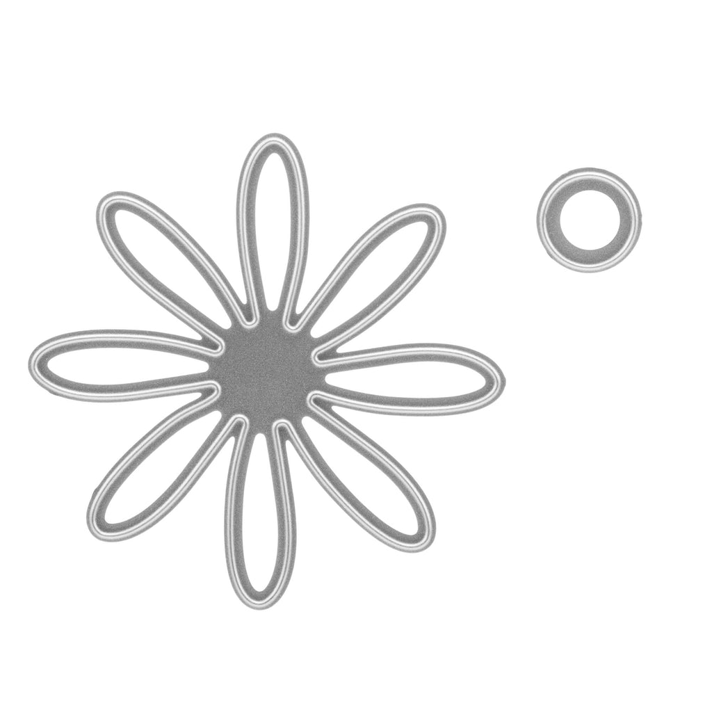 Illustration einer Stanzschablone: Blumenblüte von Stanzenshop.de, eine stilisierte Blume und ein kleiner Kreis, beide grau umrandet auf weißem Hintergrund, ein Beispiel für ein vorbildliches Bastelergebnis.