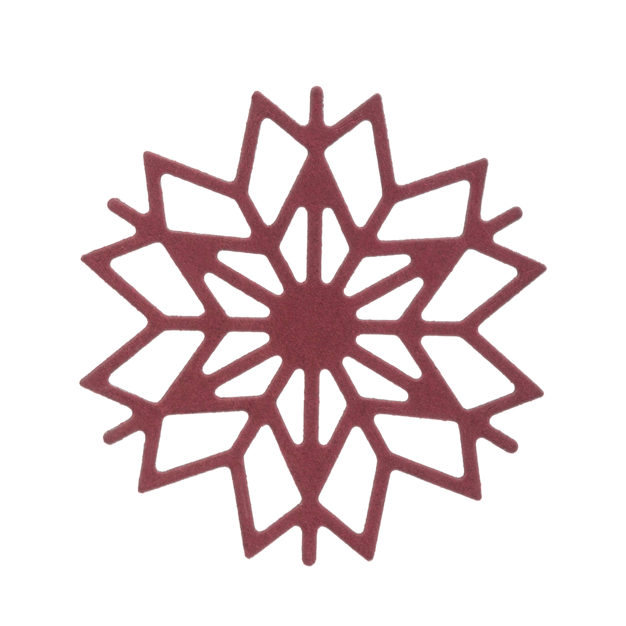 Eine kastanienbraune, symmetrische, geometrische Schneeflocke mit spitzen Kanten auf Weiß - das perfekte Wintermotiv für die Stanzschablone: Schneekristall von Stanzenshop.de.