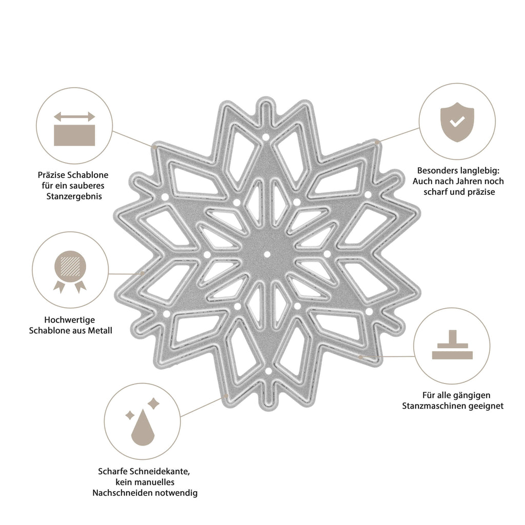 Eine metallische, sternförmige Schablone oder Stanzschablone: Schneekristall von Stanzenshop.de, mit Beschreibungen, die ihre Präzision, hohe Qualität, Haltbarkeit, scharfe Schneide und Kompatibilität mit Standard-Stanzmaschinen hervorheben. Perfekt, um das beste Bastelergebnis bei Ihren Bastelarbeiten zu erzielen.