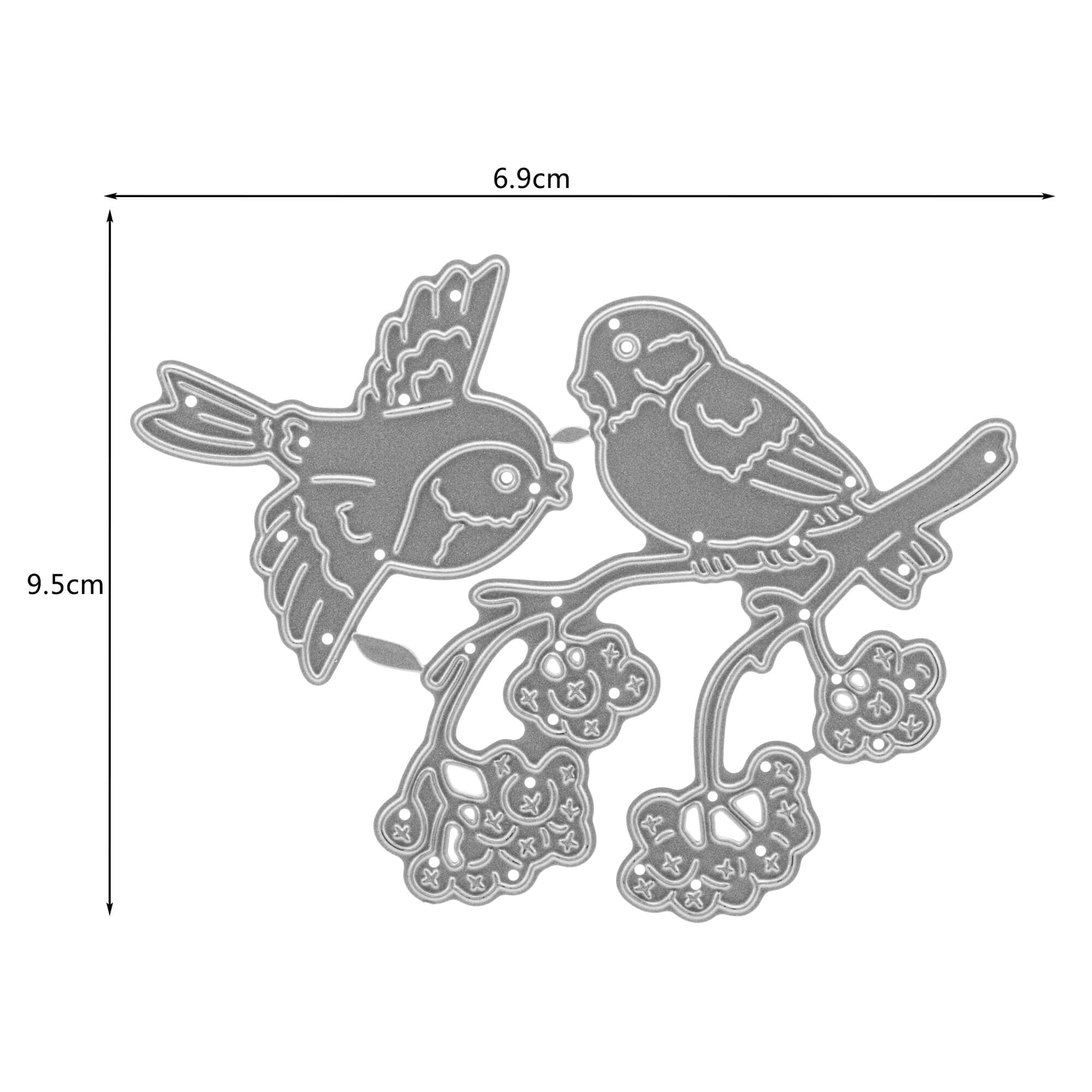 Die Stanzschablone Zwei Vögel mit einem Ast von Stanzenshop.de ist eine Metallstanze mit zwei Vögeln auf einem Beerenzweig, ideal für Scrapbooking oder Basteln. Größe: 9,5 cm x 6,9 cm.