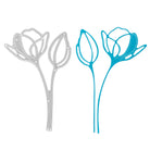 Gezeigt werden zwei stilisierte Blumenkonturen: eine metallische Stanzschablone Blume mit zwei Blüten von Stanzenshop.de und ein blauer Papierausschnitt, ideal für Karten und kompatibel mit Big Shot Maschinen.