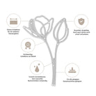 Diagramm der Stanzenshop.de Stanzschablone Blume mit zwei Blüten, mit Blumenformen, deutschen Etiketten für Präzision, Haltbarkeit, scharfe Kanten, hohe Qualität und Kompatibilität mit Big Shot für die Kartenherstellung.