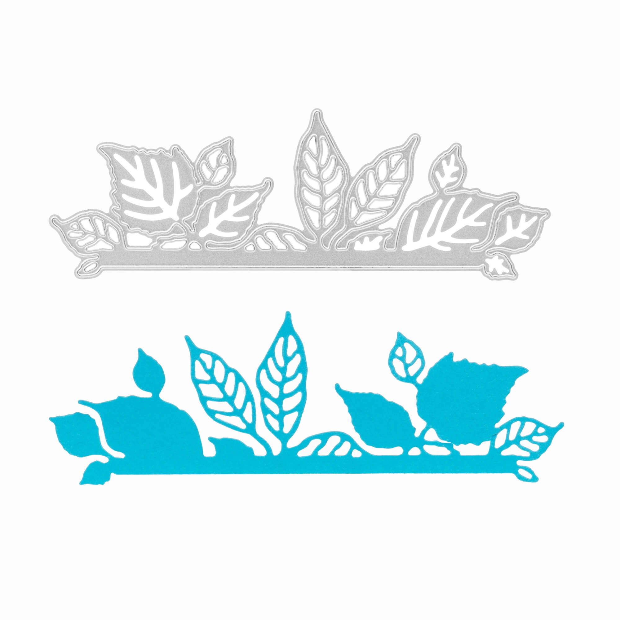 Die "Stanzschablone: Reihe aus Blättern" von Stanzenshop.de, eine silberne Metallstanze mit Blattmotiv, ist auf einem blauen Papierausschnitt abgebildet - ideal für Basteln oder Scrapbooking-Projekte.