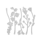 Die Stanzschablone Fünf verschiedene Äste von Stanzenshop.de enthält fünf silberne Metallstempel in Form von botanischen Stängeln, Blättern und Beeren - ideal für Scrapbooking- und Bastelprojekte.