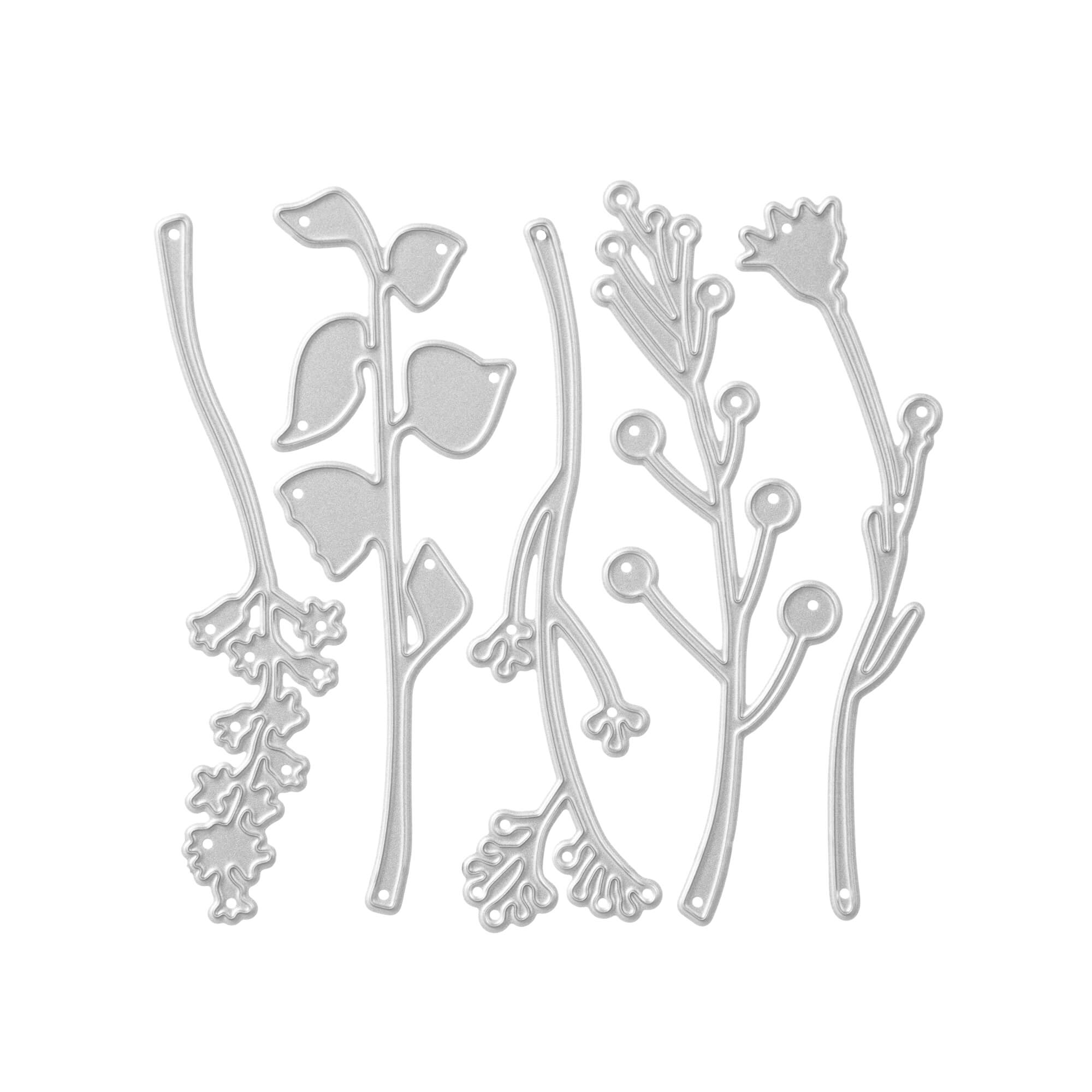 Die Stanzschablone Fünf verschiedene Äste von Stanzenshop.de enthält fünf silberne Metallstempel in Form von botanischen Stängeln, Blättern und Beeren - ideal für Scrapbooking- und Bastelprojekte.