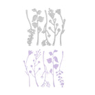 Die Stanzschablone Fünf verschiedene Äste von Stanzenshop.de enthält Metallstempel in Form von botanischen Stängeln, hier passend zu den lila Ausschnitten - ideal für Basteln oder Scrapbooking-Projekte.