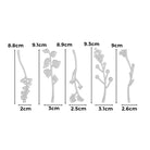 Stanzschablone Fünf verschiedene Äste von Stanzenshop.de: Fünf botanische Metalldies zum Basteln/Scrapbooking, einzeln mit cm-Maßen beschriftet, nebeneinander auf weißem Hintergrund angeordnet.