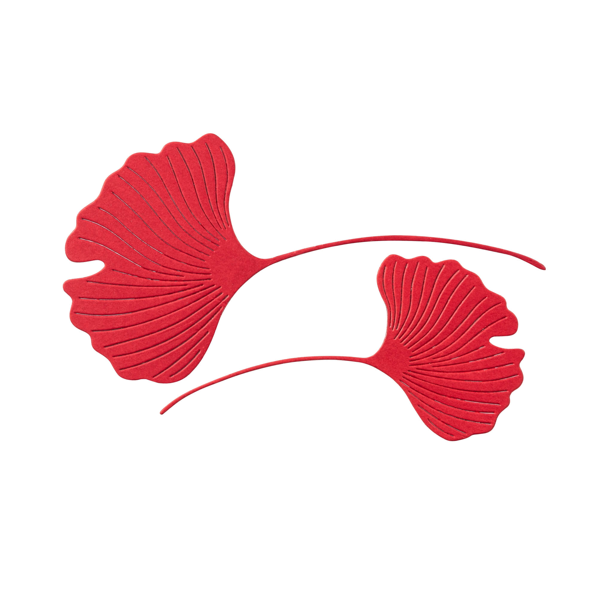 Die Stanzschablone Zwei Ginkgoblätter von Stanzenshop.de zeigt zwei rote Ginkgoblätter mit detaillierten Adern und langen Stielen - ideal für Scrapbooking, Cardmaking oder jedes kreative Bastelprojekt.