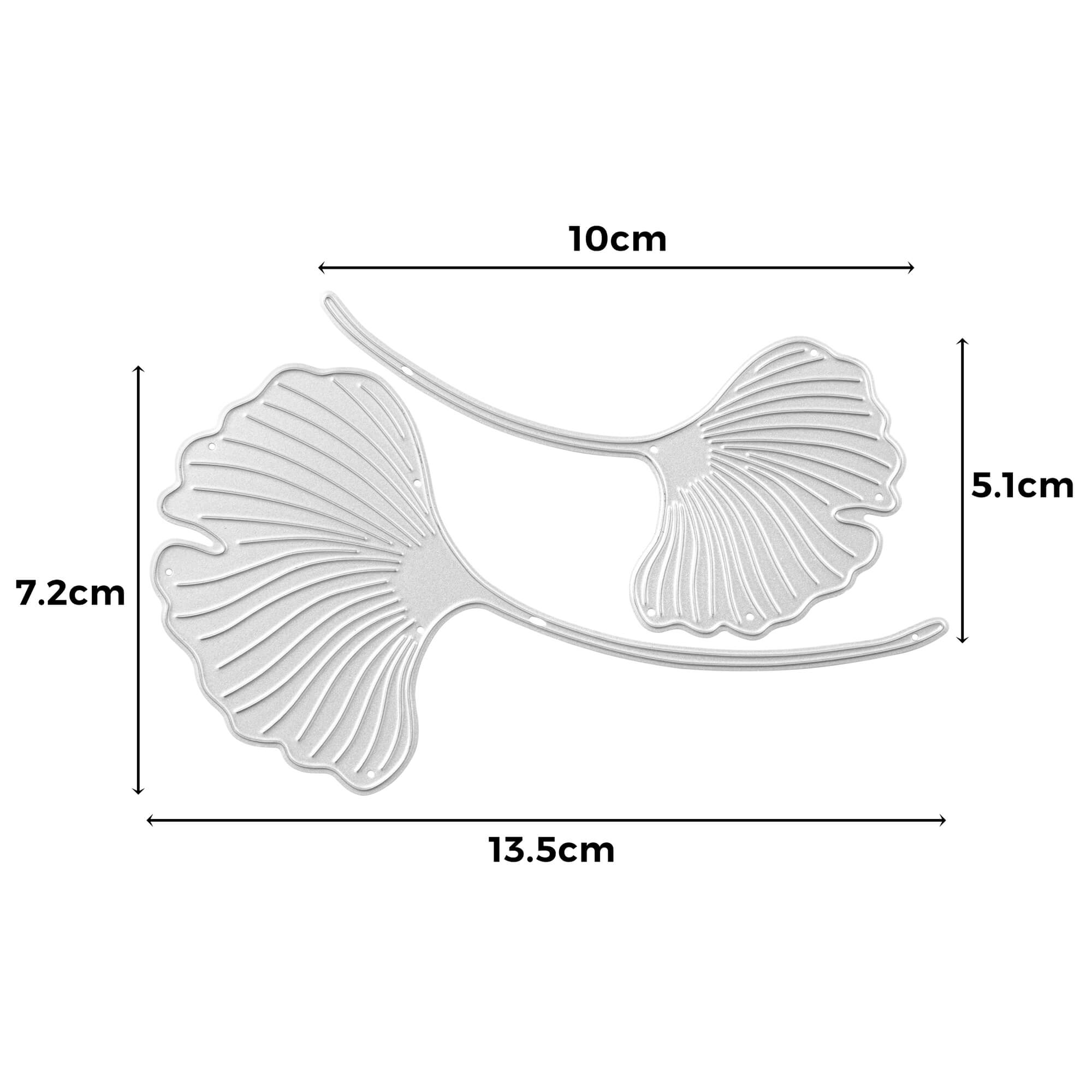 Die "Stanzschablone Zwei Ginkgoblätter" von Stanzenshop.de enthält zwei Metallic-Stanzformen (10x7,2 cm & 13,5x5,1 cm), perfekt für Scrapbooking, Basteln und kreative Projekte als einzigartige Ginkgoblattformen.