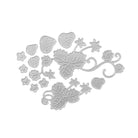 Die Stanzschablone Erdbeeren von Stanzenshop.de mit silbernen Stanzformen von Erdbeeren, Blättern und Blüten auf weißem Hintergrund - ideal für Bastelprojekte.