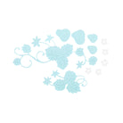 Hellblaue Blatt-, Erdbeer- und Rankenausschnitte aus der Stanzschablone Erdbeeren von Stanzenshop.de sowie kleine weiße Blumenausschnitte sind kunstvoll auf weißem Hintergrund arrangiert - perfekt für Bastelprojekte.