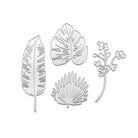 Vier silberne Metallstanzteile in Form von tropischen Blättern und einem Beerenzweig, perfekt für Scrapbooking oder Basteln. Die Stanzschablone Grünpflanzen von Stanzenshop.de verleiht Ihren Projekten eine kreative Note. Auf weißem Hintergrund abgebildet.