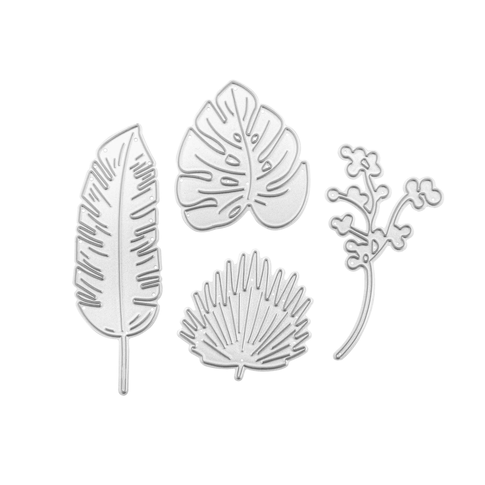 Vier silberne Metallstanzteile in Form von tropischen Blättern und einem Beerenzweig, perfekt für Scrapbooking oder Basteln. Die Stanzschablone Grünpflanzen von Stanzenshop.de verleiht Ihren Projekten eine kreative Note. Auf weißem Hintergrund abgebildet.