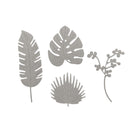 Die Stanzschablone Grünpflanzen von Stanzenshop.de bietet vier graue, flache botanische Ausschnitte - ein Federblatt, eine Monstera, ein Palmenblatt und einen Beerenzweig - perfekt für Basteln oder Scrapbooking-Projekte.