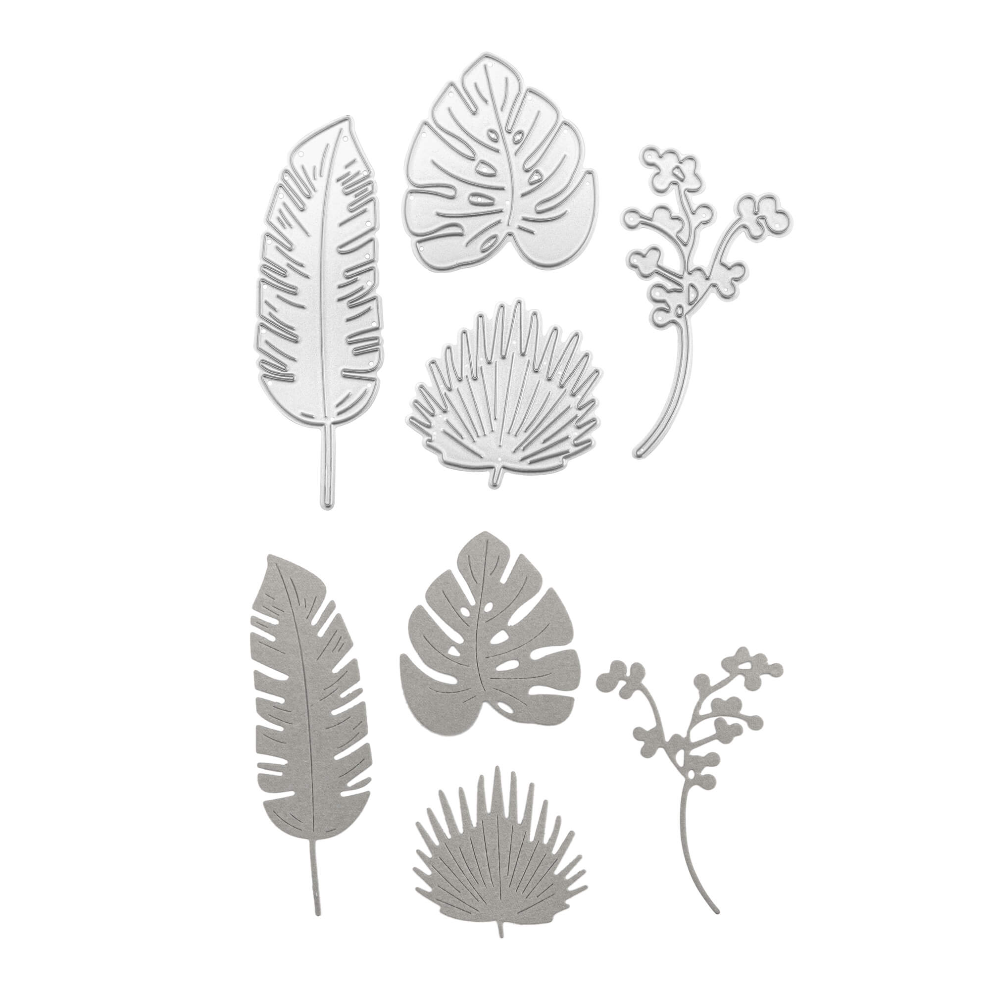 Die Stanzschablone Grünpflanzen von Stanzenshop.de enthält sechs gestanzte Metallschablonen von tropischen Blättern und einem Zweig, ideal für Scrapbooking oder Basteln. Verleihen Sie Ihren Projekten einen üppigen Touch - auf weißem Hintergrund.