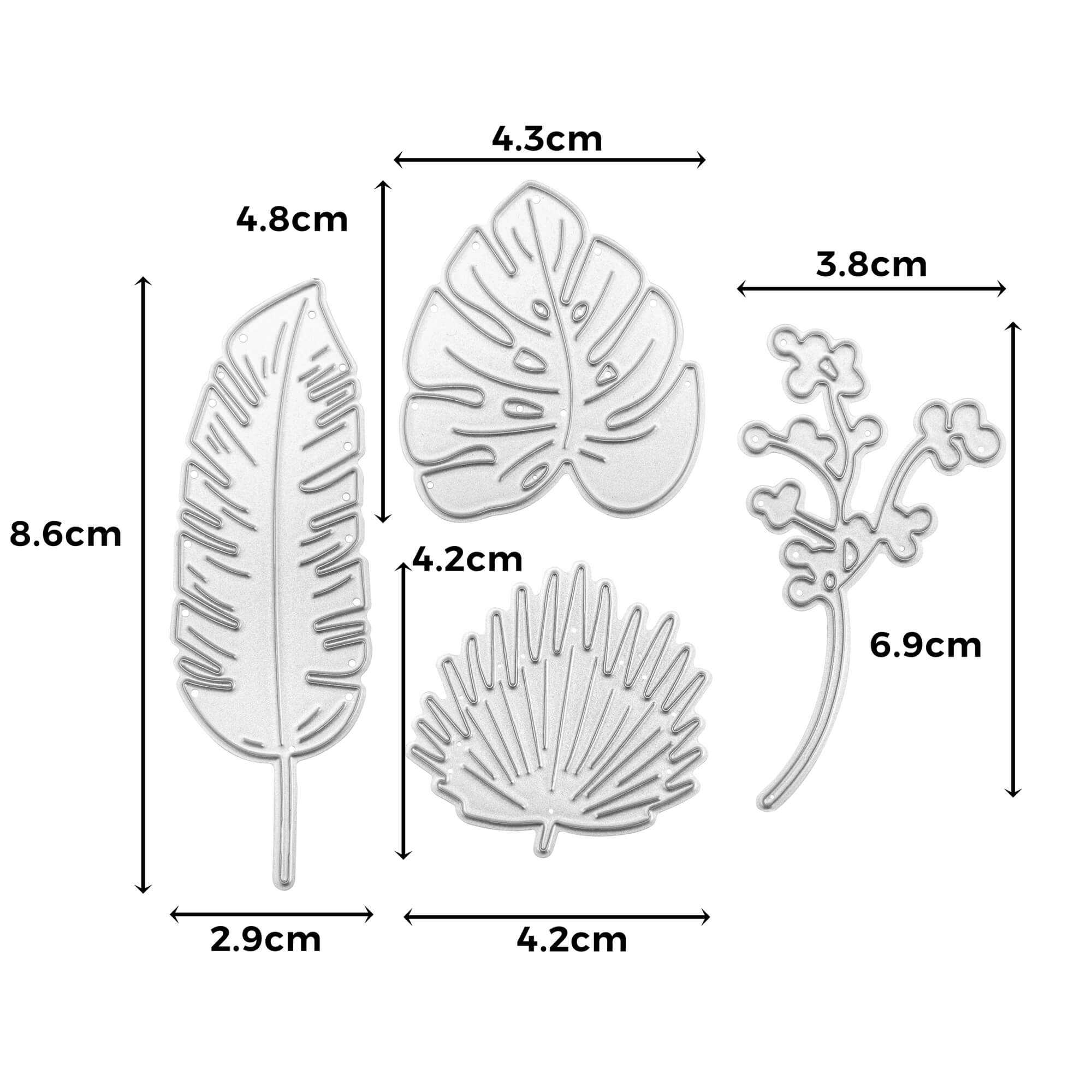 Vier Stanzschablone Grünpflanzen Metallstanzen von Stanzenshop.de, ideal für Scrapbooking. Größte Stanze: 8,6 x 2,9cm; andere von 6,9 bis 4,2cm breit; perfekte Grünpflanzen-Akzente für kreative Projekte und Basteln.