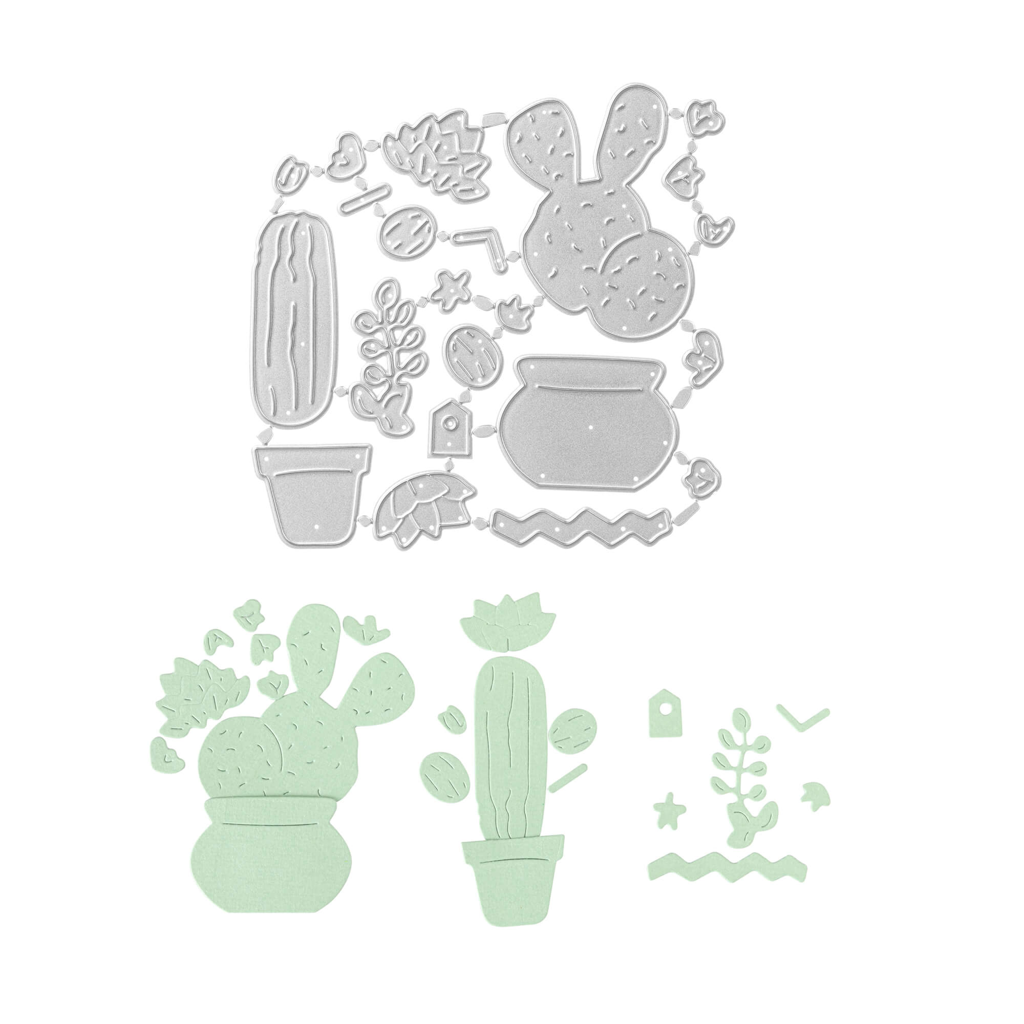 Stanzschablone Kakteenset von Stanzenshop.de: Metallstanzen für Kaktus-, Topf- und Dekoelemente mit passenden grünen Ausstanzungen - perfekt für Scrapbooking und Bastelprojekte.