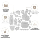 Das Stanzschablone Kakteenset von Stanzenshop.de bietet Metallstanzen in Pflanzen- und Topfformen, ideal für Scrapbooking. Der deutsche Text und die Symbole zeigen die Schärfe, die Haltbarkeit und die Kompatibilität mit Stanzmaschinen.