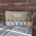 Ein handgemachtes "Frische Kräuter"-Schild mit Pflanzenausschnitten aus der Stanzenschablone Perlenzweige von Stanzenshop.de steht auf einem Holztisch neben zwei Kräutertöpfen - perfekt zum Basteln oder Scrapbooking.