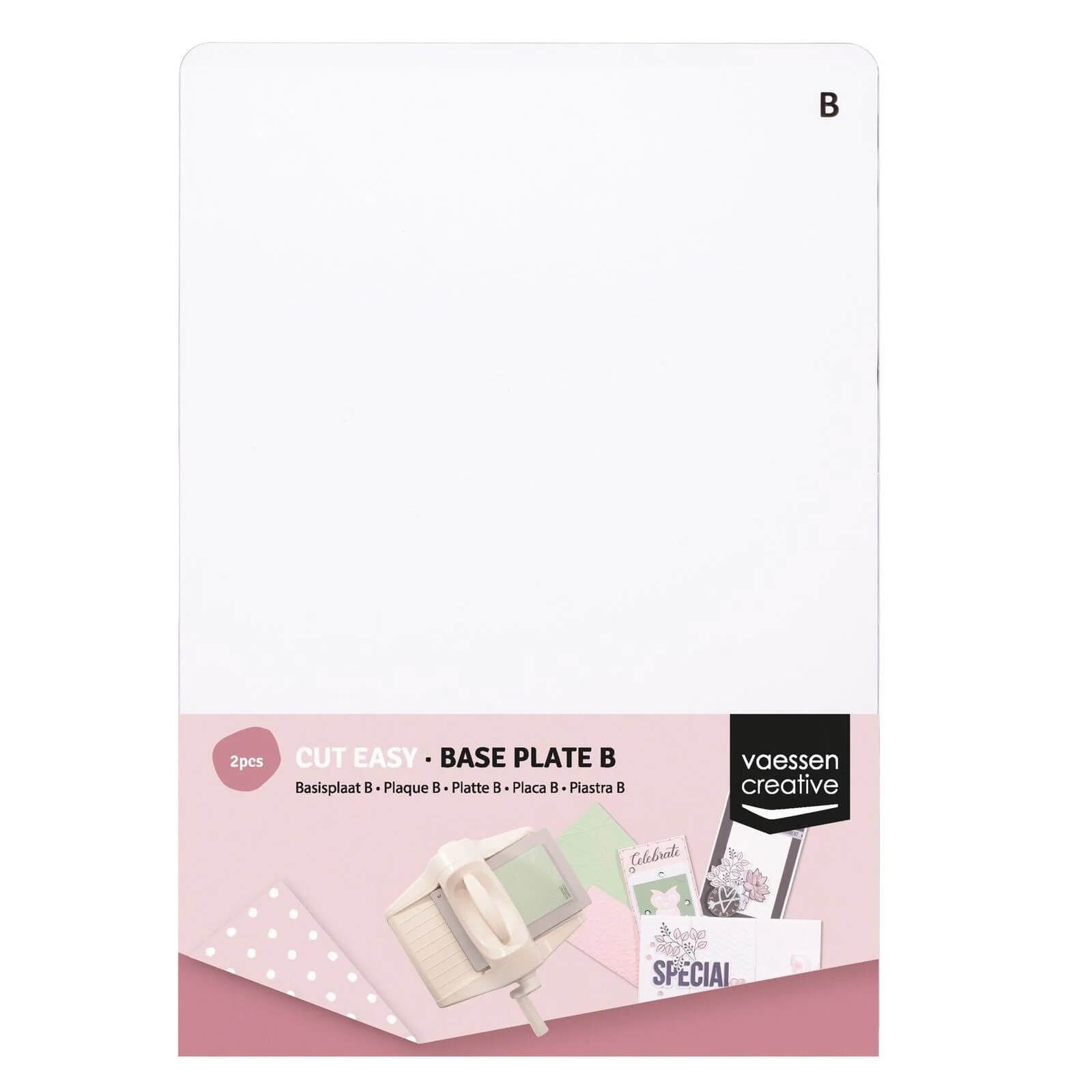 Die Vaessen Creative - Cut Easy Grundplatte (B) 2St. ist eine weiße Grundplatte für die Vaessen Creative Cut Easy A5-Maschine, die mit einem rosa Vaessen Creative-Etikett und Bastelbeispielen auf der Verpackung versehen ist.