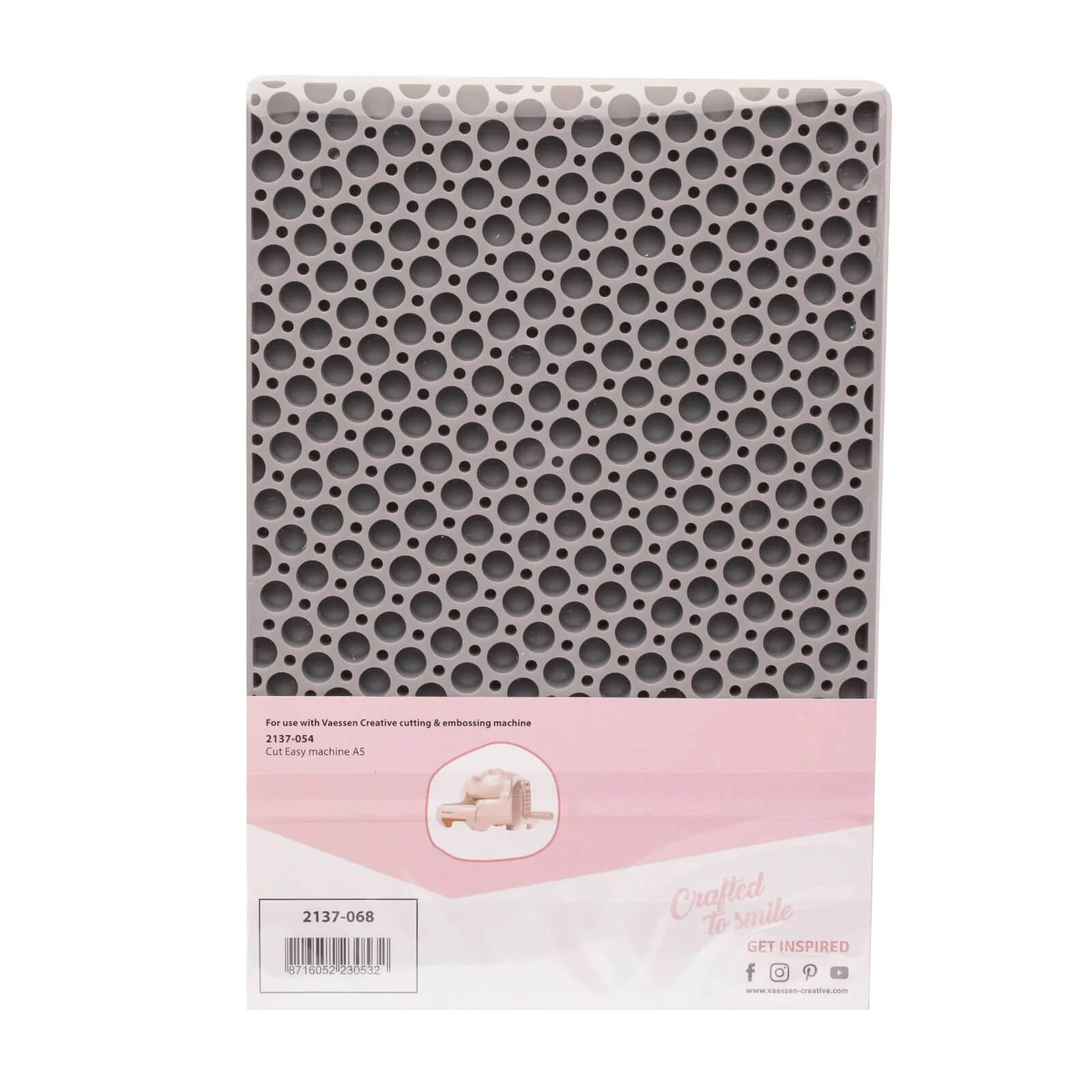 Ein rechteckiger grauer Prägefolder mit einem Muster aus kleinen Kreisen, abgebildet in einer Verpackung, die für die Verwendung mit der Vaessen Creative - Cut Easy Plattform A5 von Vaessen Creative gekennzeichnet ist.