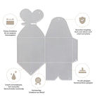 Eine graue Stanzschablone aus Metall: Schachtel mit Schmetterlingsverschluss von Stanzenshop.de zeigt beschriftete Symbole für exakte Stanzungen, umrahmt von deutschem Text, der die Vorteile der Gastgeschenke Box hervorhebt.