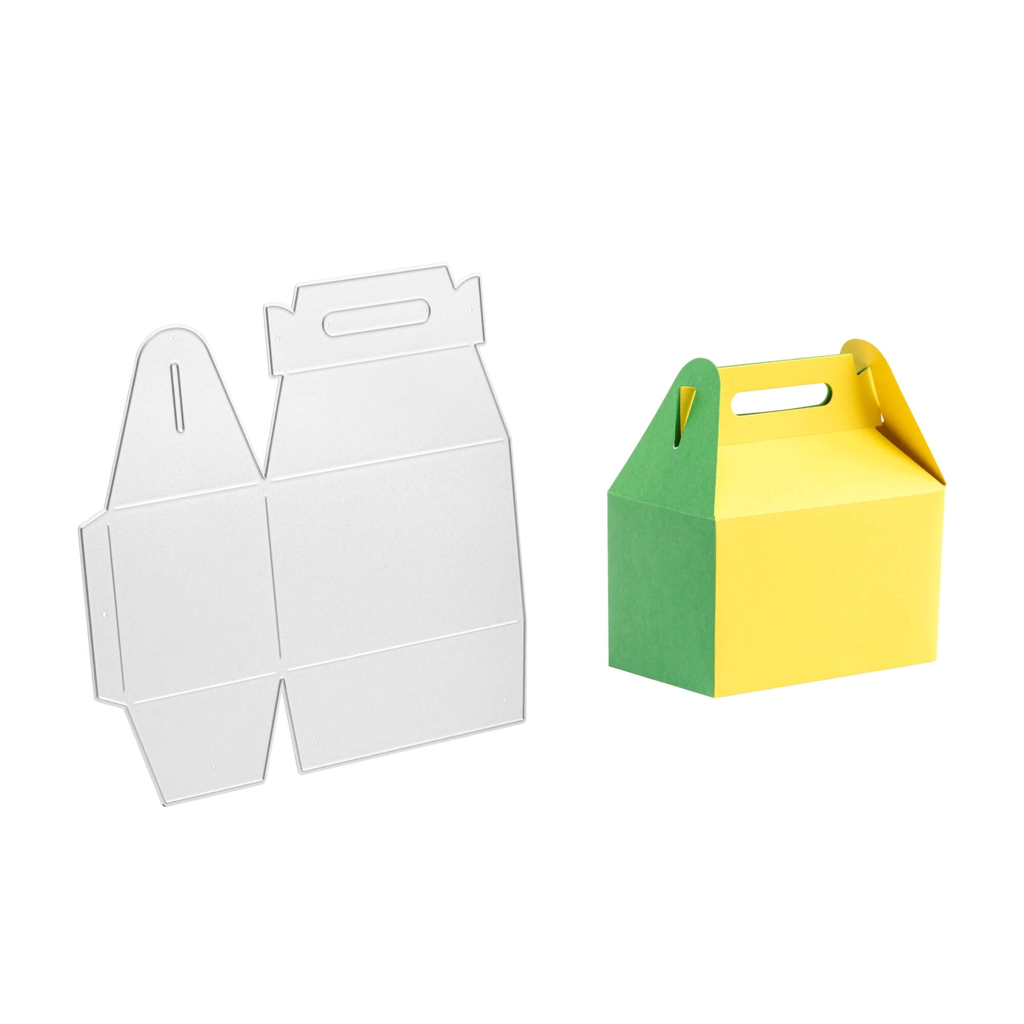 Eine flache Pappschablone für Basteln wird neben einer zusammengebauten gelb-grünen Geschenkschachtel mit Henkel gezeigt, die mit der "Stanzschablone Große Schachtel" von Stanzenshop.de hergestellt wurde.