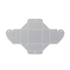 Die Stanzschablone: Schachtel in Herzform von Stanzenshop.de ist eine flache silberne Stanzschablone mit vorgeritzten Linien, flügelförmigen Seiten und runden Löchern - ideal zum Basteln oder zum Falten in herzförmige Schachteln.