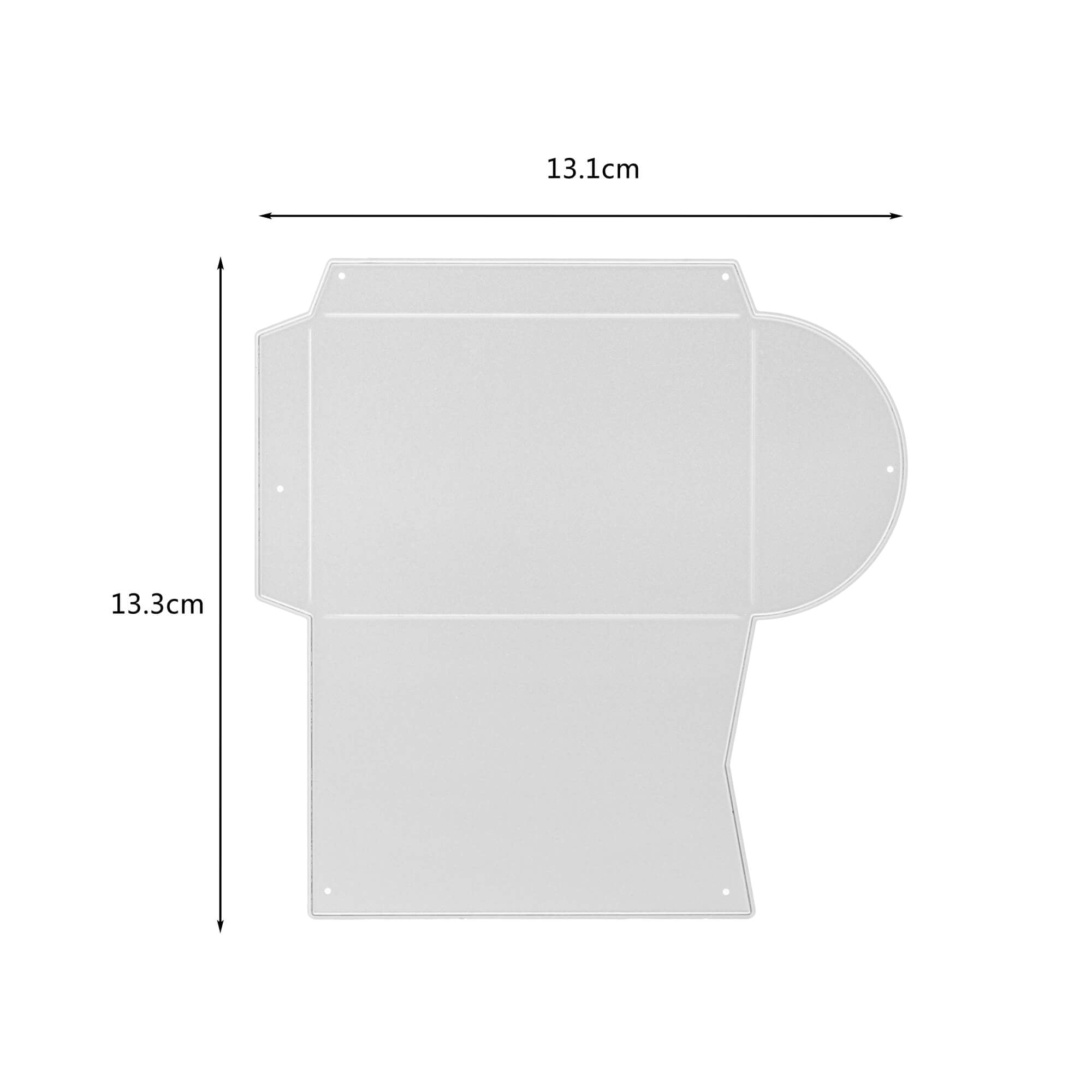 Die Stanzschablone Umschlag von Stanzenshop.de ist eine durchsichtige Acrylschablone mit abgerundeten und abgeschrägten Kanten in den Maßen 13,1 cm x 13,3 cm, perfekt für Stanzen Basteln und Briefumschlag Stanzprojekte, mit sichtbaren Messlinien.
