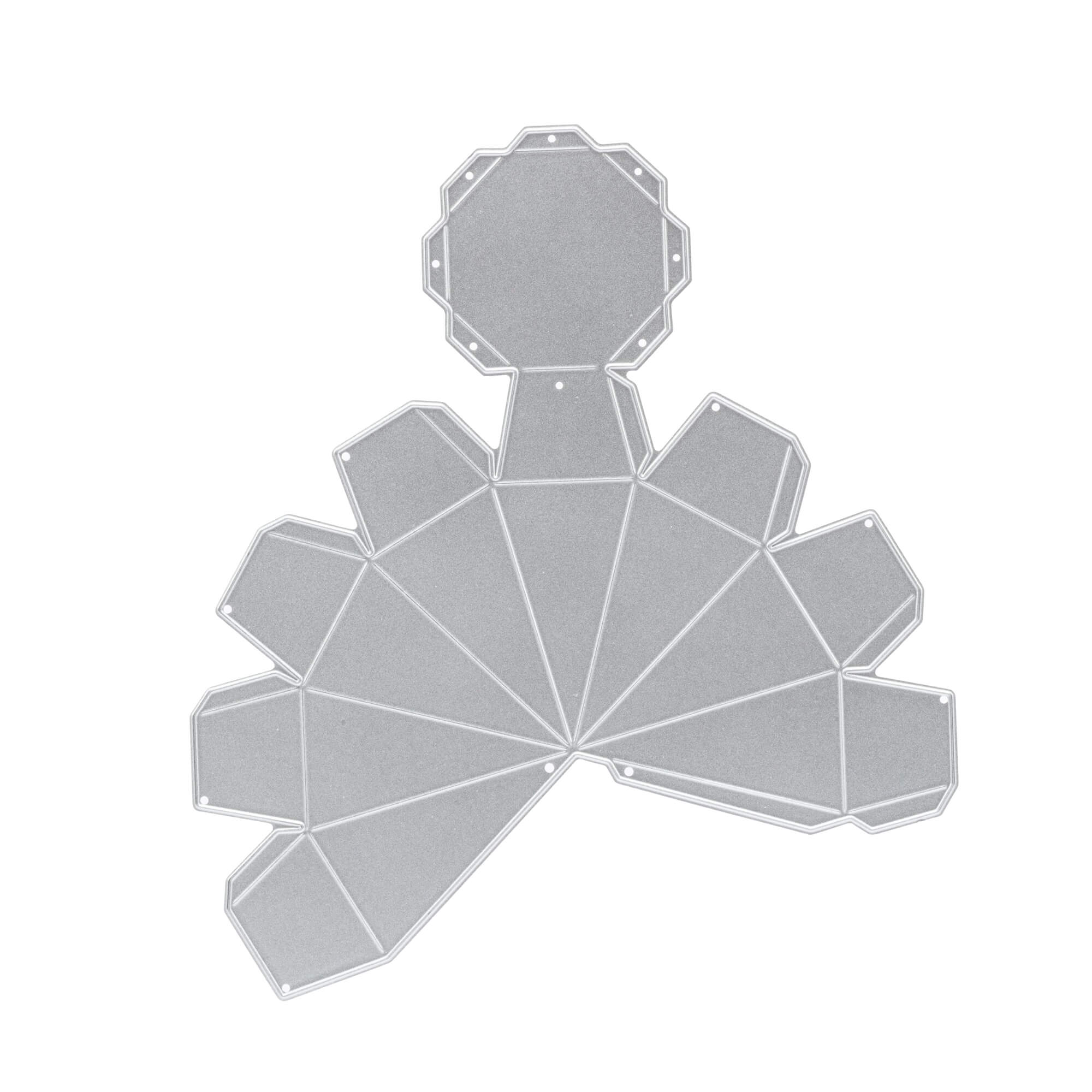 Die Stanzschablone Kleine Diamantschachtel von Stanzenshop.de ist eine flache, geometrische silberne Metallplatte mit schrägen Segmenten und gleichmäßig verteilten Löchern, die an einen abstrakten Fächer oder ein kompliziertes mechanisches Teil erinnert.