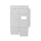 Flache, silberne Stanzschablone Schachtel mit Öffnung von Stanzenshop.de mit Falzlinien, gebördelten Oberkanten, einem rechteckigen Fenster und Montagelaschen - perfekt für Basteln Geschenkverpackung oder Scrapbooking Schachtel Projekte.