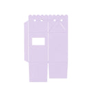 Flache, ungefaltete lavendelfarbene Papierschachtel mit Wellenkanten, Stanzlöchern und einem rechteckigen Ausschnitt - ideal als Scrapbooking Schachtel oder Basteln Geschenkverpackung mit der Stanzenshop.de Stanzschablone Schachtel mit Öffnung.