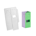 Eine flache Stanzschablone Schachtel mit Öffnung von Stanzenshop.de steht neben einer grün-lila Faltschachtel mit Wellenschliff und Fenster - ideal für Basteln Geschenkverpackung oder Scrapbooking Schachtel.