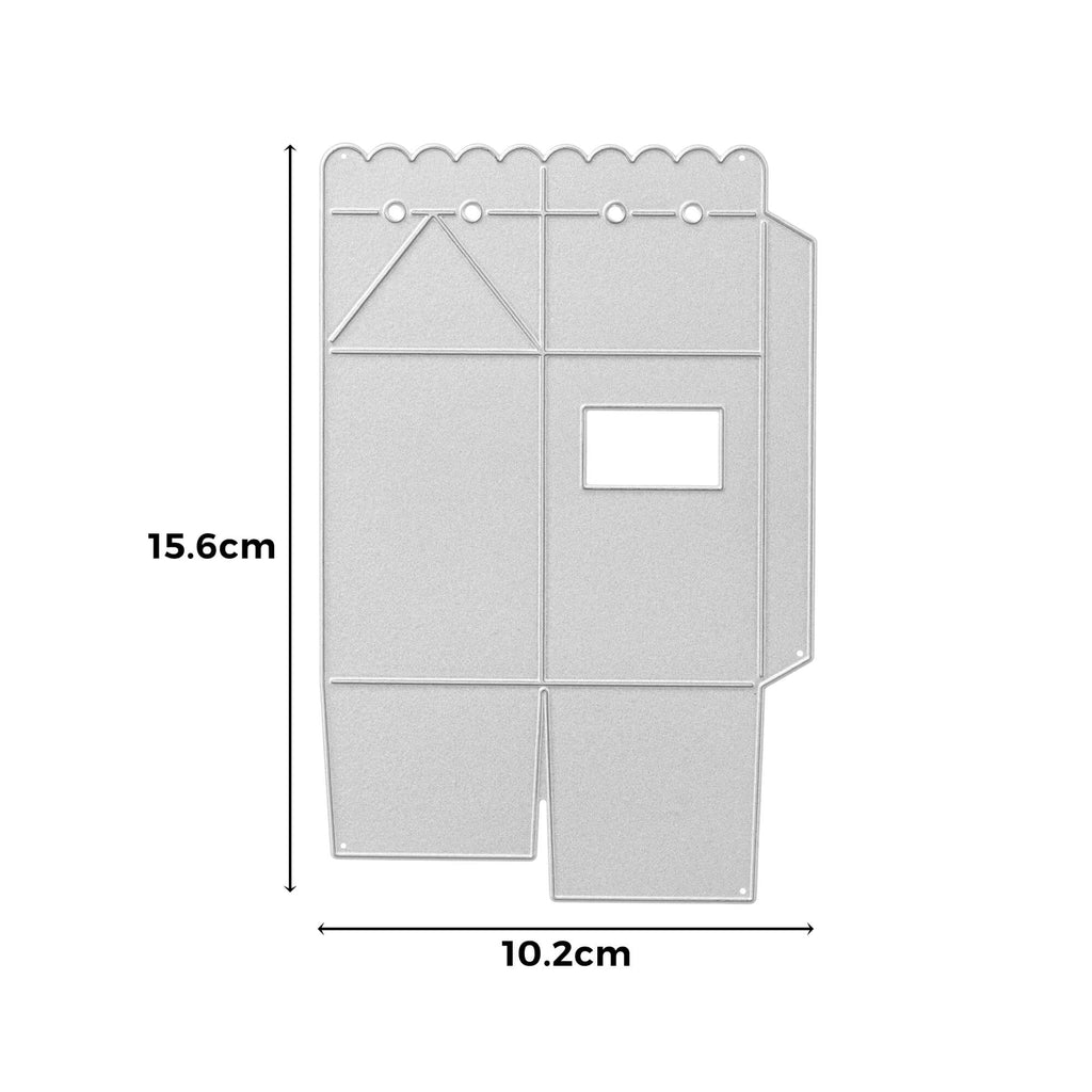 Stanzschablone Schachtel mit Öffnung von Stanzenshop.de mit den angegebenen Maßen: 15,6cm hoch und 10,2cm breit, perfekt für die Gestaltung aufwendiger Gastgeschenke.