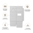 Diagramm der Stanzenshop.de Stanzschablone Schachtel mit Öffnung mit Piktogrammen und deutschem Text, das scharfe Kanten, Haltbarkeit und Stanzmaschinen-Kompatibilität zeigt - perfekt für Basteln Geschenkverpackung oder einzigartige Scrapbooking Schachtel Projekte.