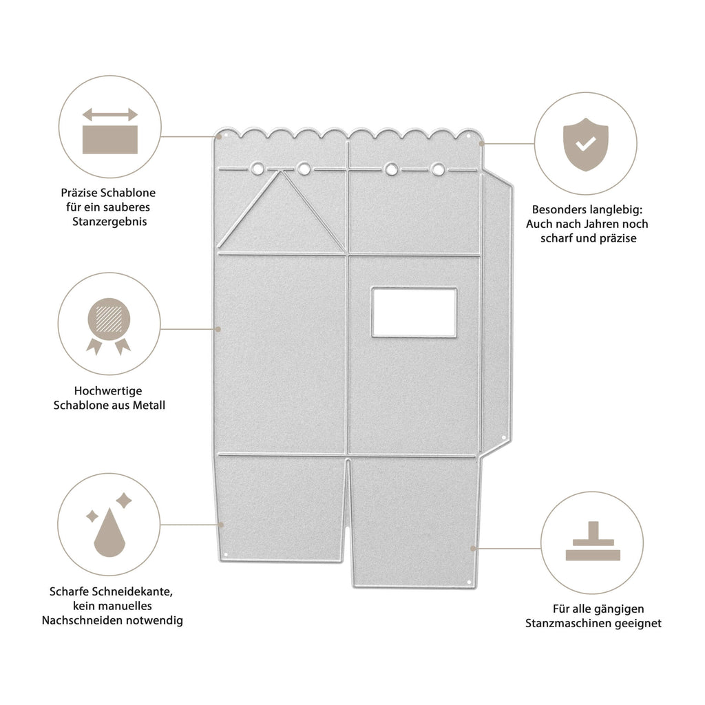 Diagramm einer Metallschablone mit vier Symbolen darum herum: Präzisionsschablone, Hohe Qualität, Scharfe Schnittkanten und Langlebig. Der Text erscheint auf Deutsch und beschreibt die Funktionen der Stanzschablone Schachtel mit Öffnung von Stanzenshop.de zur Verbesserung Ihres Bastelergebnisses.