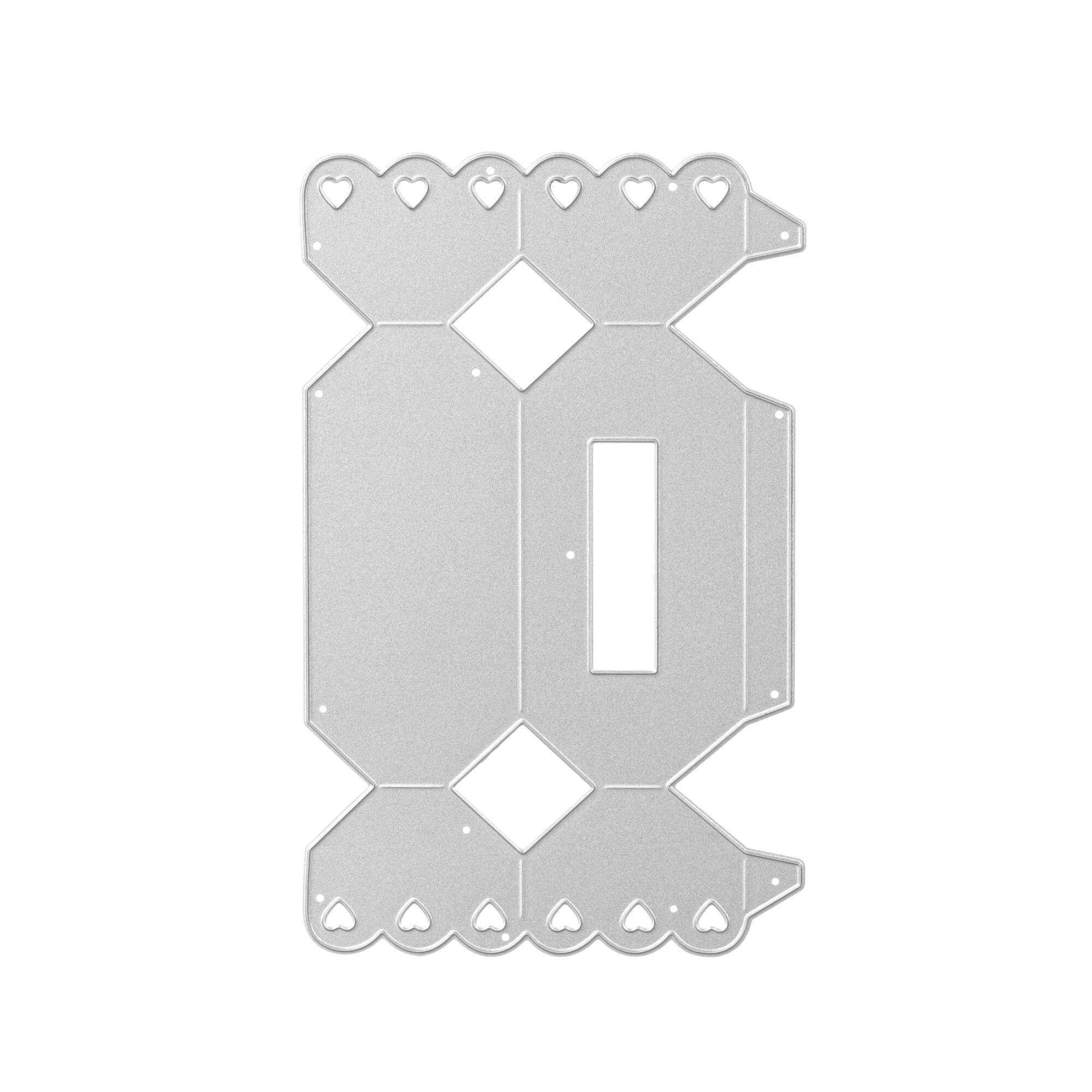 Die Stanzschablone Schachtel in Bonbonform von Stanzenshop.de ist ein silberner flacher Kartonausschnitt mit herzförmigen Kanten, Falzlinien und einem rechteckigen Fenster - ideal für Schachtel Basteln oder einzigartige Gastgeschenke.