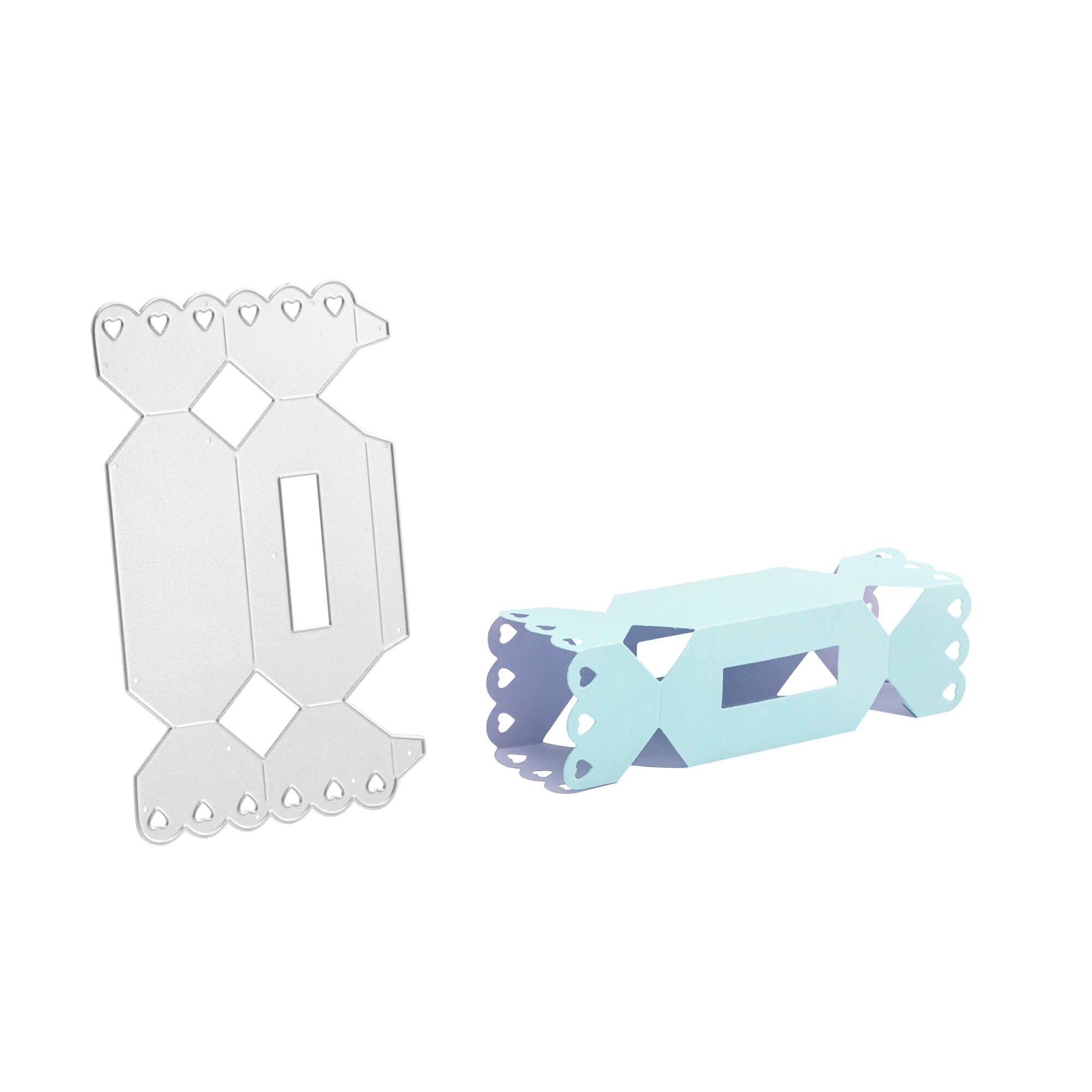 Ein mit der Stanzschablone Schachtel in Bonbonform von Stanzenshop.de geschnittener Kartonbogen wird neben einer gefalteten 3D-Bonbonschachtel gezeigt - ideal für Schachtel Basteln oder zum Basteln von leckeren Gastgeschenken.