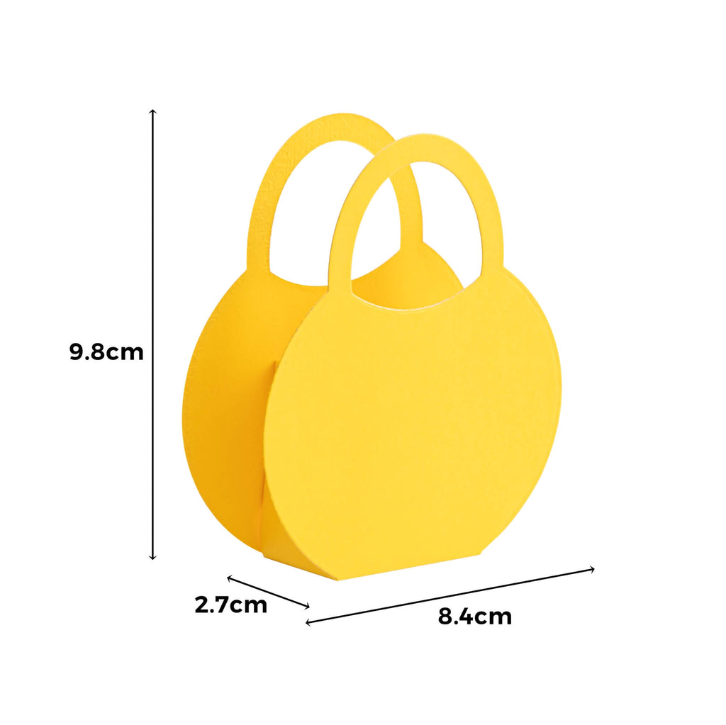 Gelbe Einkaufstüte aus Papier von Stanzenshop.de mit den Maßangaben: Höhe 9,8 cm, Breite 8,4 cm und Tiefe 2,7 cm, präsentiert vor einem weißen